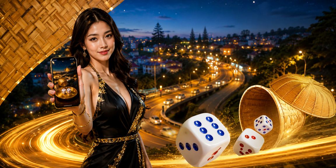 Người chơi Tài Xỉu cổ điển tại Đà Lạt với xúc xắc và nón lá trong không khí lễ hội